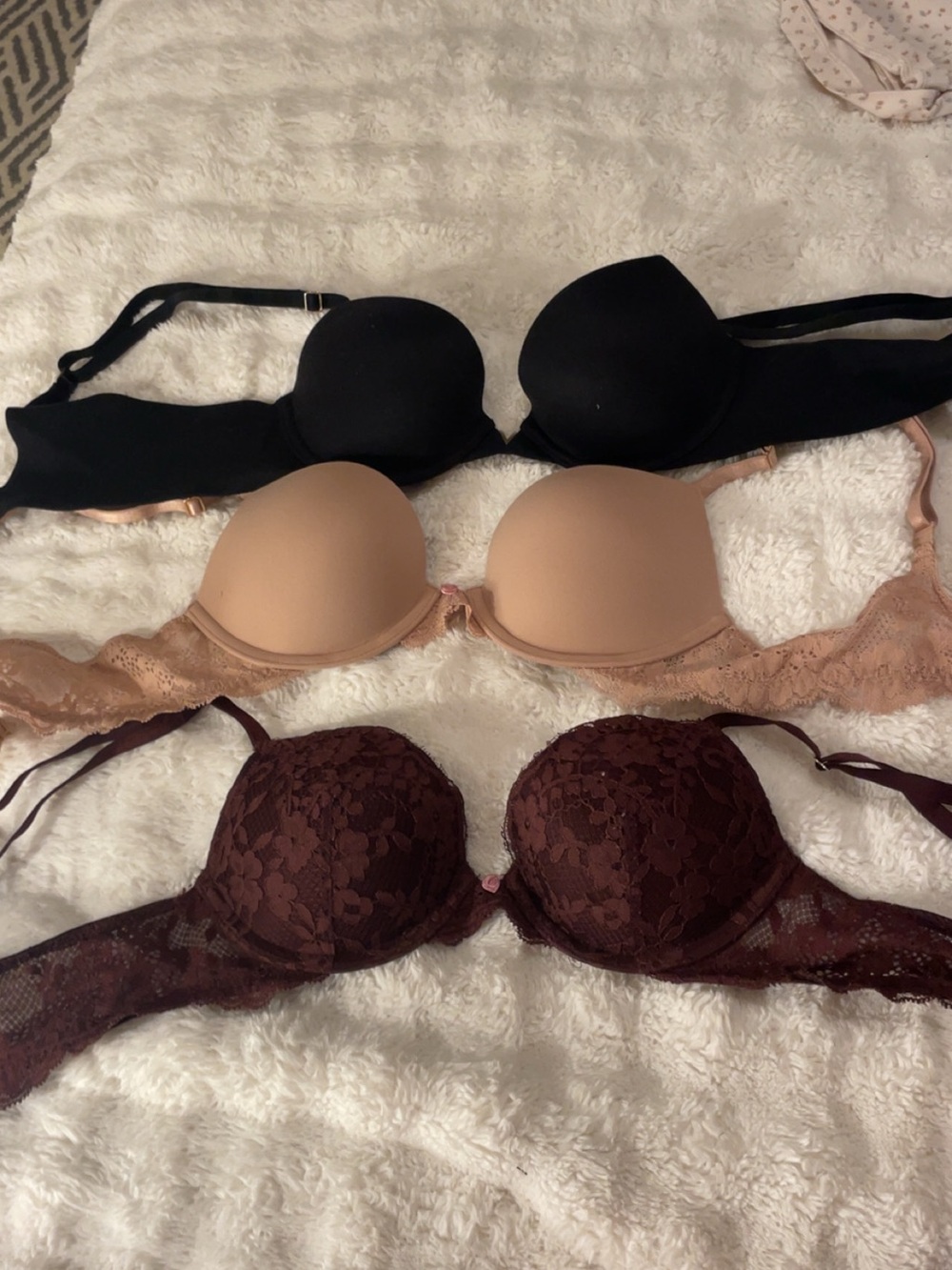 Victoria's Secret 3-Pack Bras - Black, Nude, Burgundy (2push up, 1 normal)